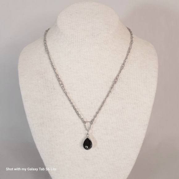 Silver Tone Double Sided Pendant Necklace Black Clear Stone Crocheted Ball Chain - Picture 3 of 11